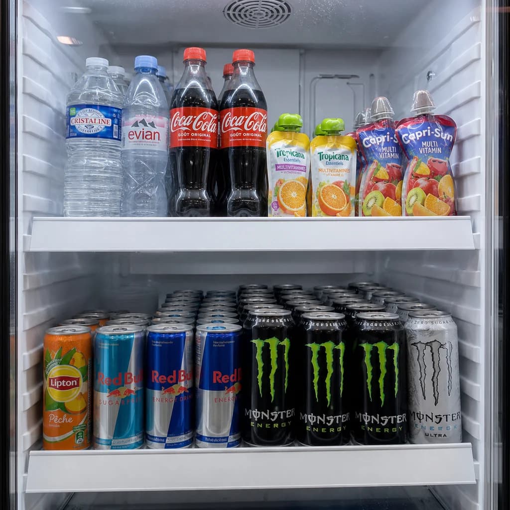 Vitrine réfrigérée remplie d’eaux, sodas et boissons énergisantes